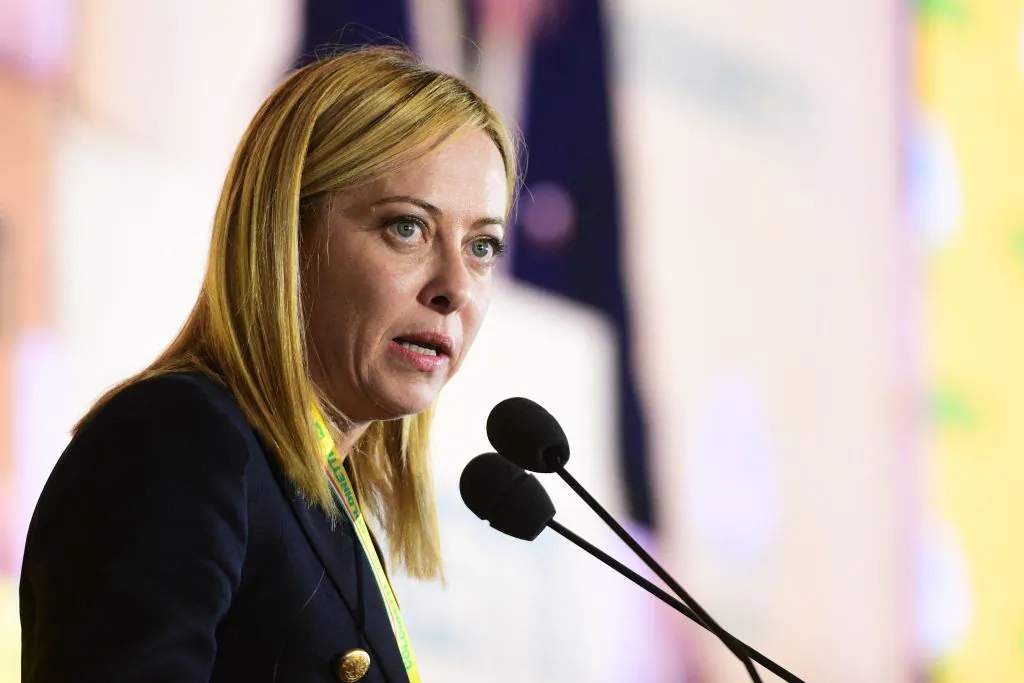 Leader of Italian party "Fratelli d'Italia" (Brothers of Italy), Giorgia Meloni delivers a speech in Milan, Italy, on Oct. 1, 2022. (Piero Cruciatti/AFP via Getty Images)