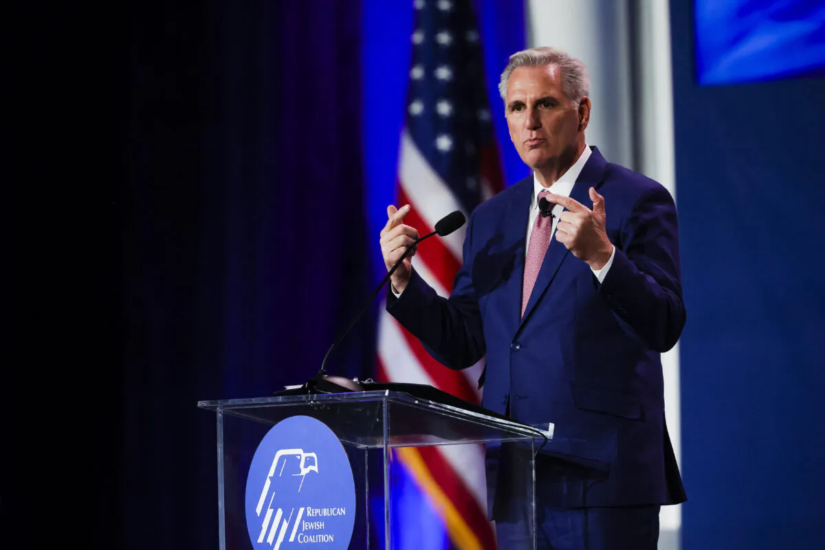 House Minority Leader Kevin McCarthy (R-Calif.) speaks at the Republican Jewish Coalition Annual Leadership Meeting in Las Vegas, on Nov. 19, 2022. (Wade Vandervort/AFP via Getty Images)