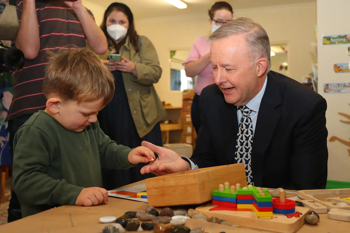 Australian Prime Minister Anthony Albanese visits a childcare centre in Perth, Australia, on May 16, 2022. (Lisa Maree Williams/Getty Images)