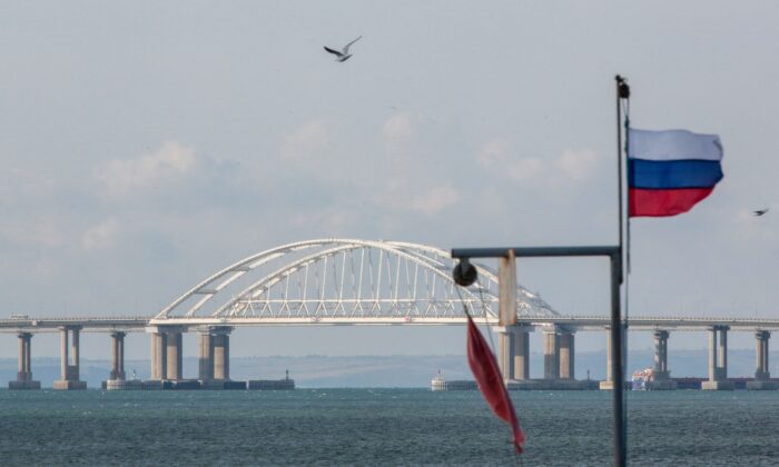 The Kerch Bridge that links Crimea to Russia, near Kerch, on Oct. 14, 2022, which was hit by a blast on Oct. 8, 2022. (Stringer/AFP via Getty Images)