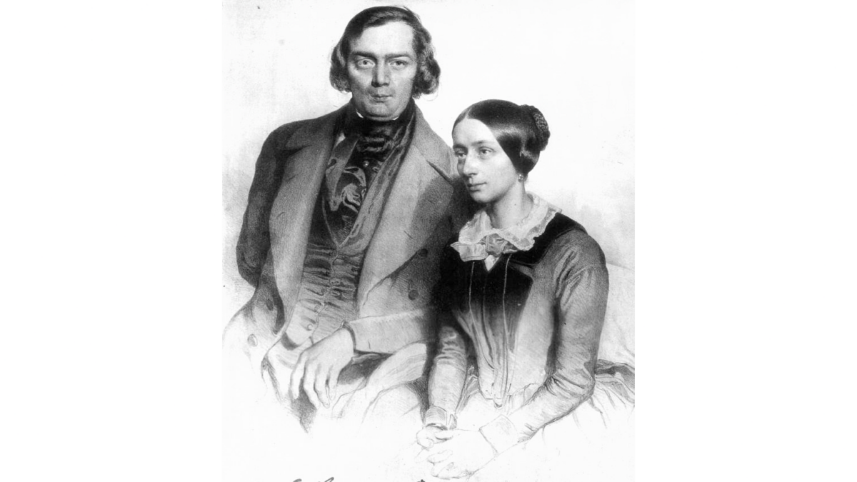 “Frauenliebe und Leben”是对爱情及其多种解释的反思，可能反映了罗伯特对克拉拉的热情。  1847 年罗伯特和克拉拉舒曼的石版画。（公共领域）