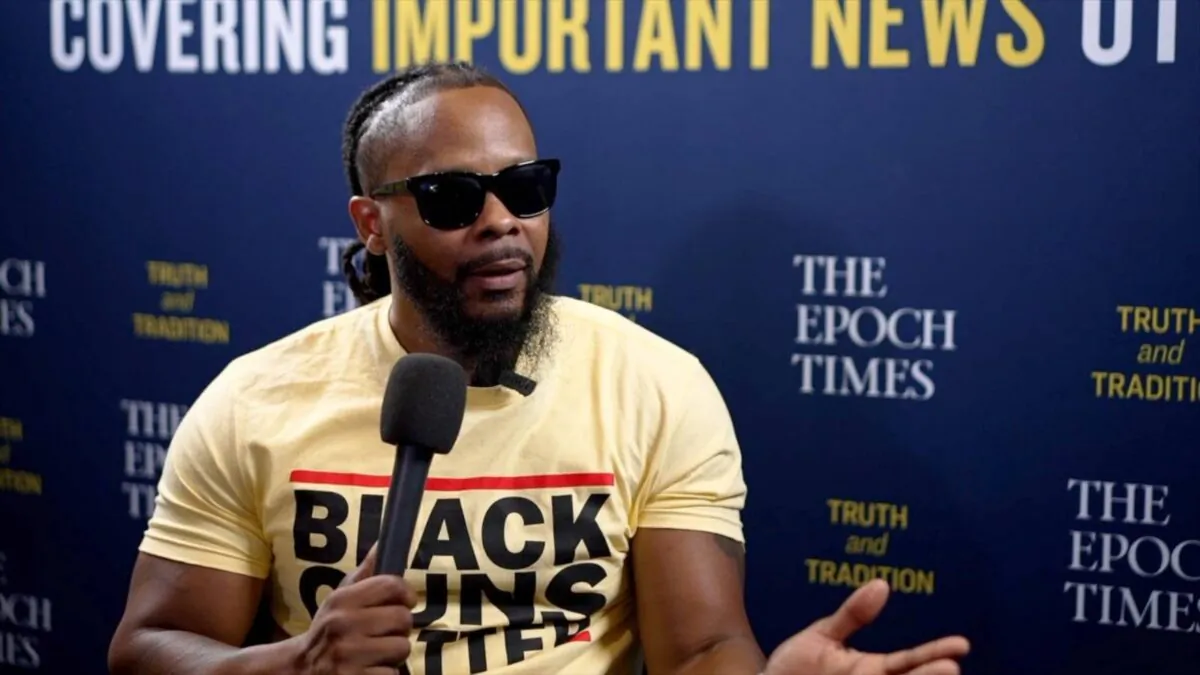 Maj Tour, founder of Black Guns Matter, is interviewed on EpochTV’s “Crossroads” program on July 14, 2022. (Screenshot/Epoch TV)