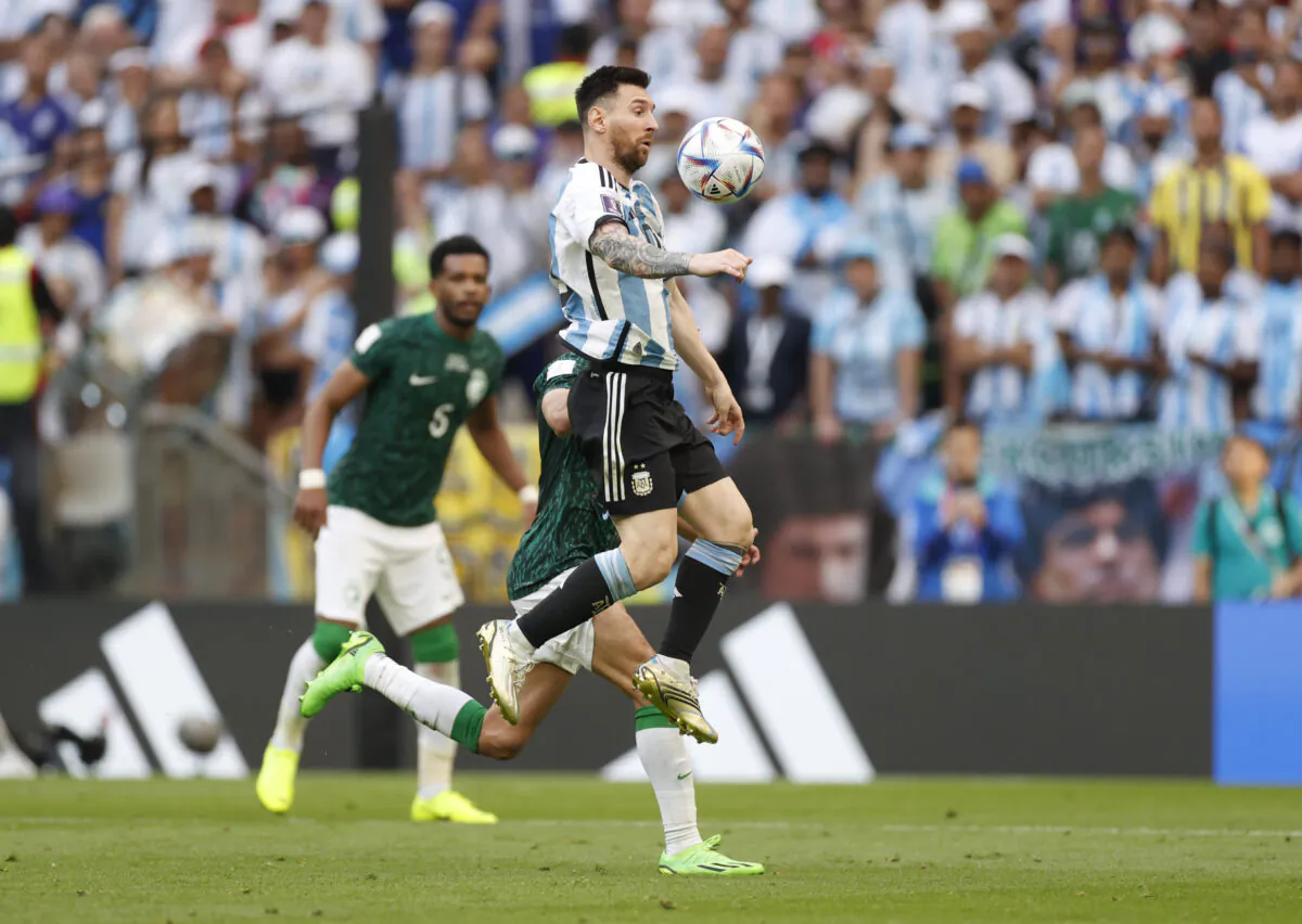 Argentina forward Lionel Messi (10) plays the ball against Saudi Arabia during a group stage match during the 2022 World Cup at Lusail Stadium in Lusail, Qatar, on Nov. 22, 2022. (Yukihito Taguchi-USA TODAY Sports)