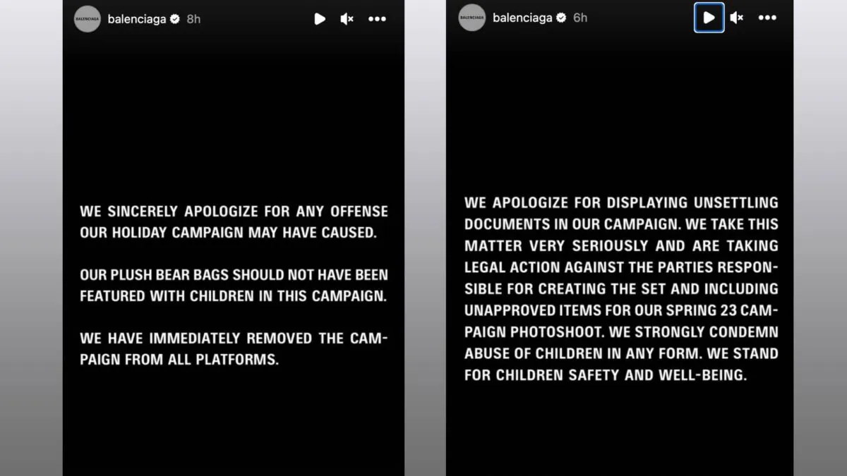 Balenciaga issues apologies on Instagram over its Balenciaga Objects and Spring 23 collection ad campaigns, on Nov. 22, 2022. (Screenshots via The Epoch Times)