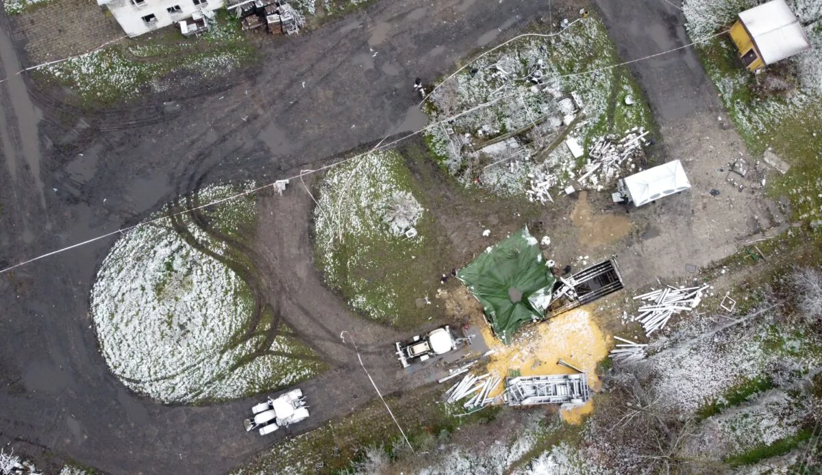 An aerial view shows where a missile struck two men in Przewodow, Poland, near the border with Ukraine, on Nov. 15, 2022. (Wojtek Radwanski and Damien Simonart/AFP via Getty Images)