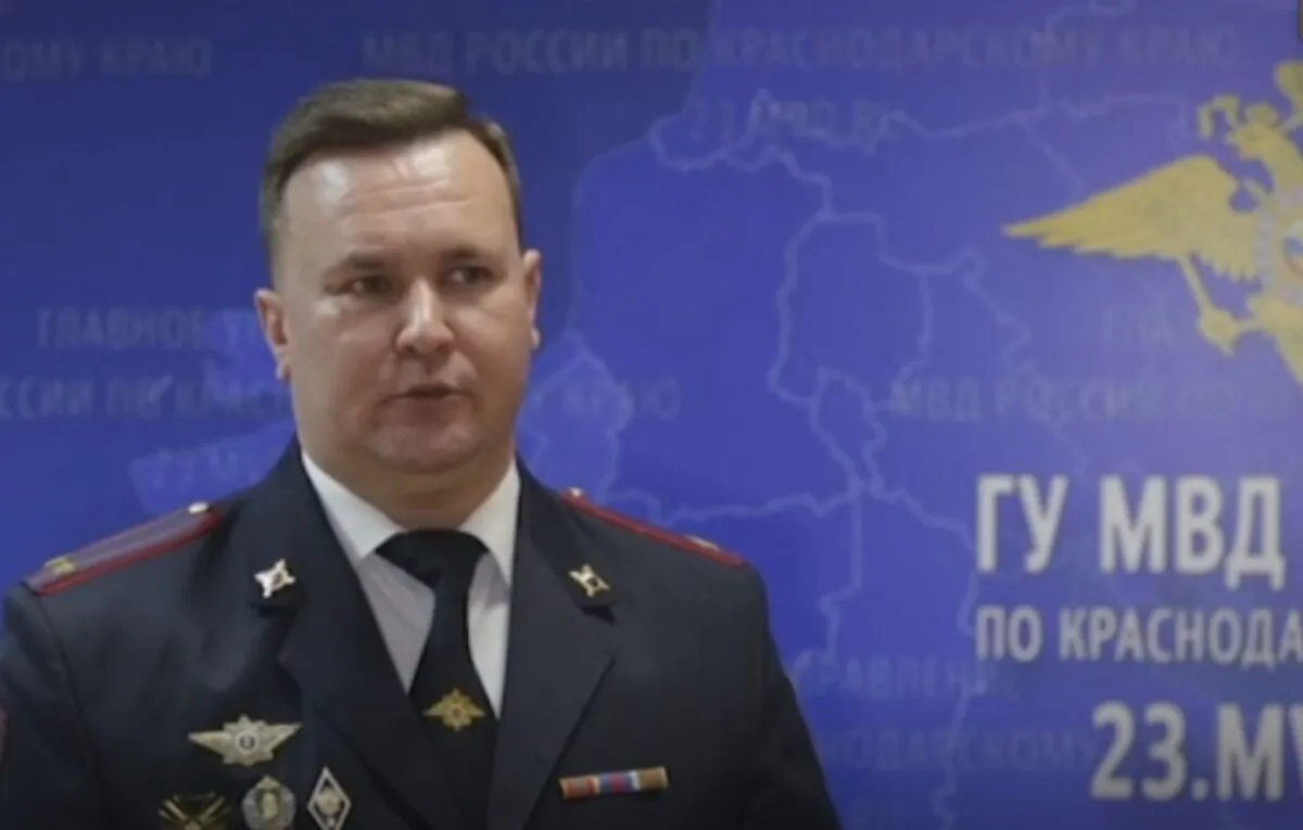 Alexander Runov, head of Press Service of the Main Directorate of the Ministry of Internal Affairs of Russia's Krasnodar Region, speaks at a press conference in Krasnodar region, Russia, on Nov. 24, 2022, in a still from video. (Russian Ministry of Internal Affairs for Krasnodar Region via AP/Screenshot via The Epoch Times)