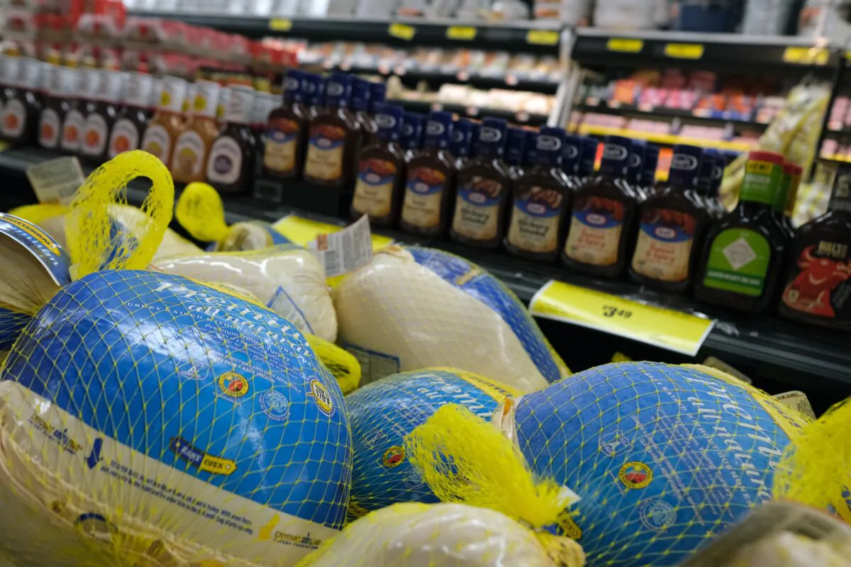 Frozen turkeys for sale inside a grocery store in New York, on Nov. 14, 2022. (Spencer Platt/Getty Images)