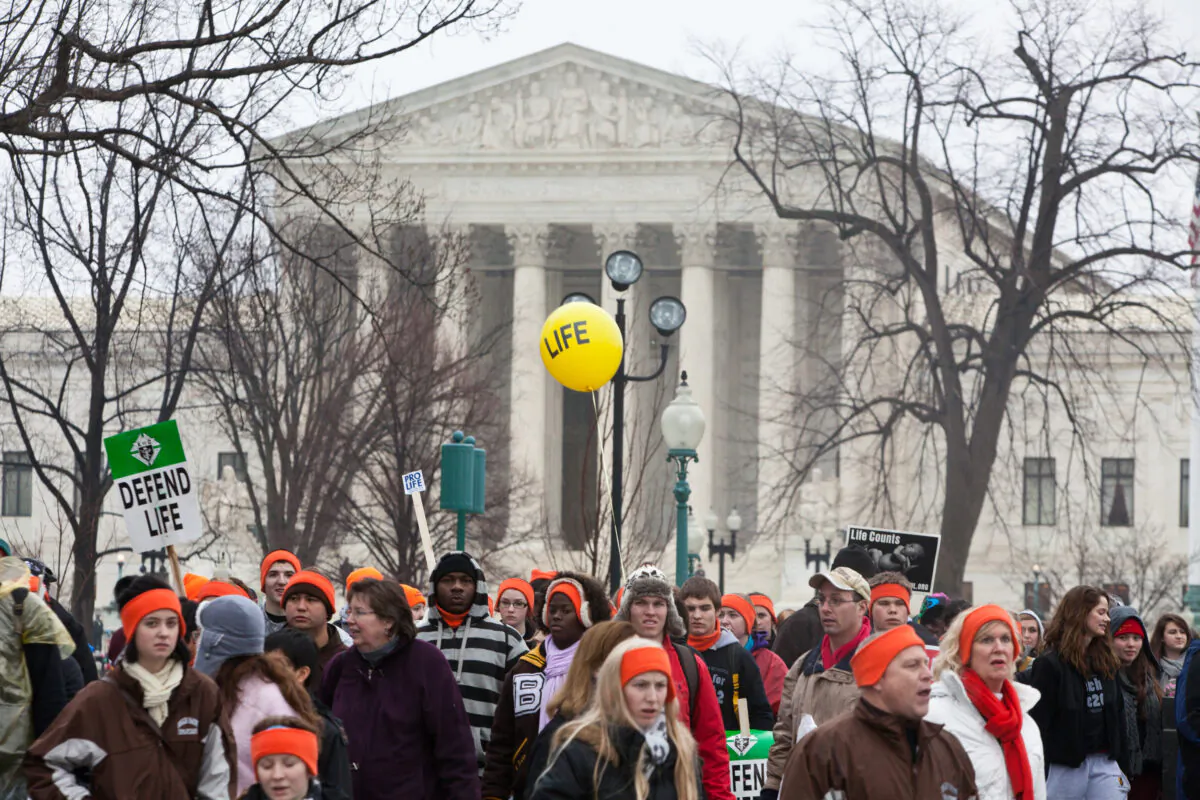 Pro-life activists stand near the U.S. Supreme Court in Washington on Jan. 23, 2012. (Brendan Hoffman/Getty Images)