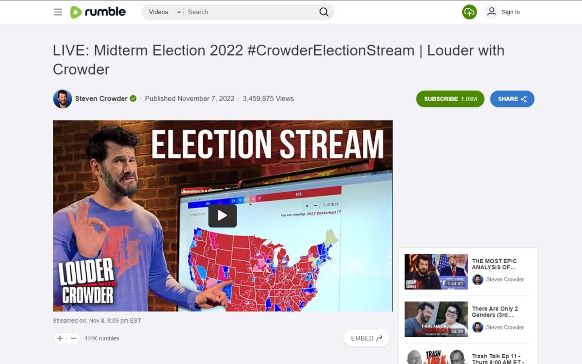The Rumble page of Steven Crowder's "Louder with Crowder." (Screenshot/Rumble)