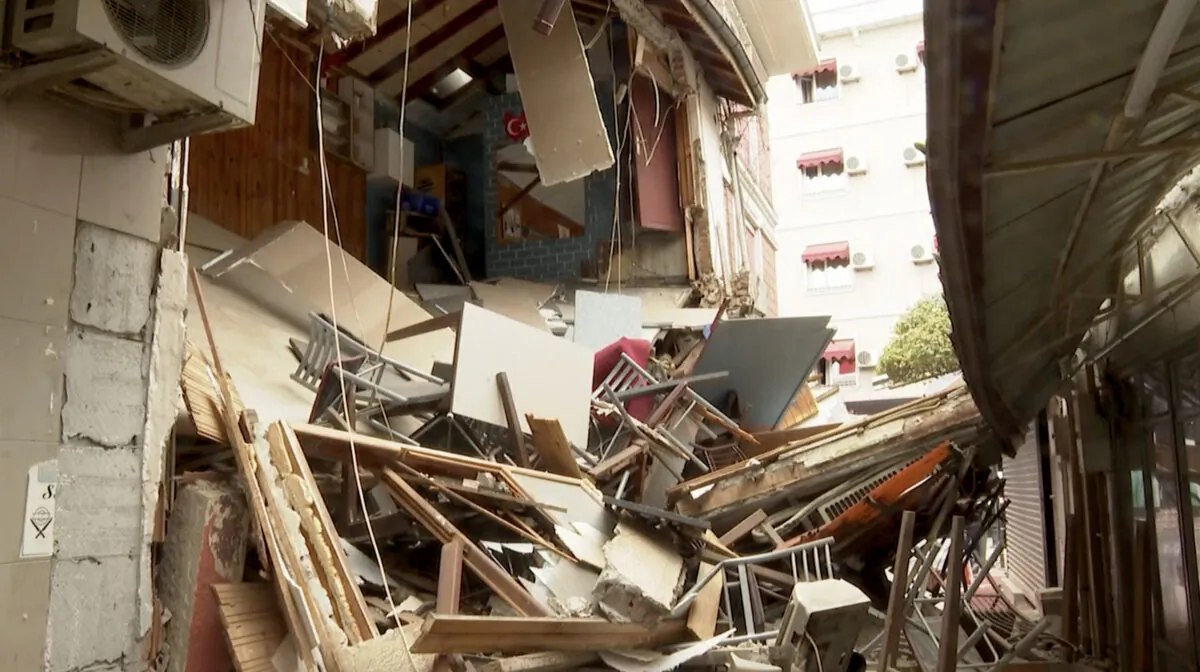A collapsed building after an earthquake hit Duzce Province in northwestern Turkey on Nov. 23, 2022, in a still from video. (AP/Screenshot via NTD)