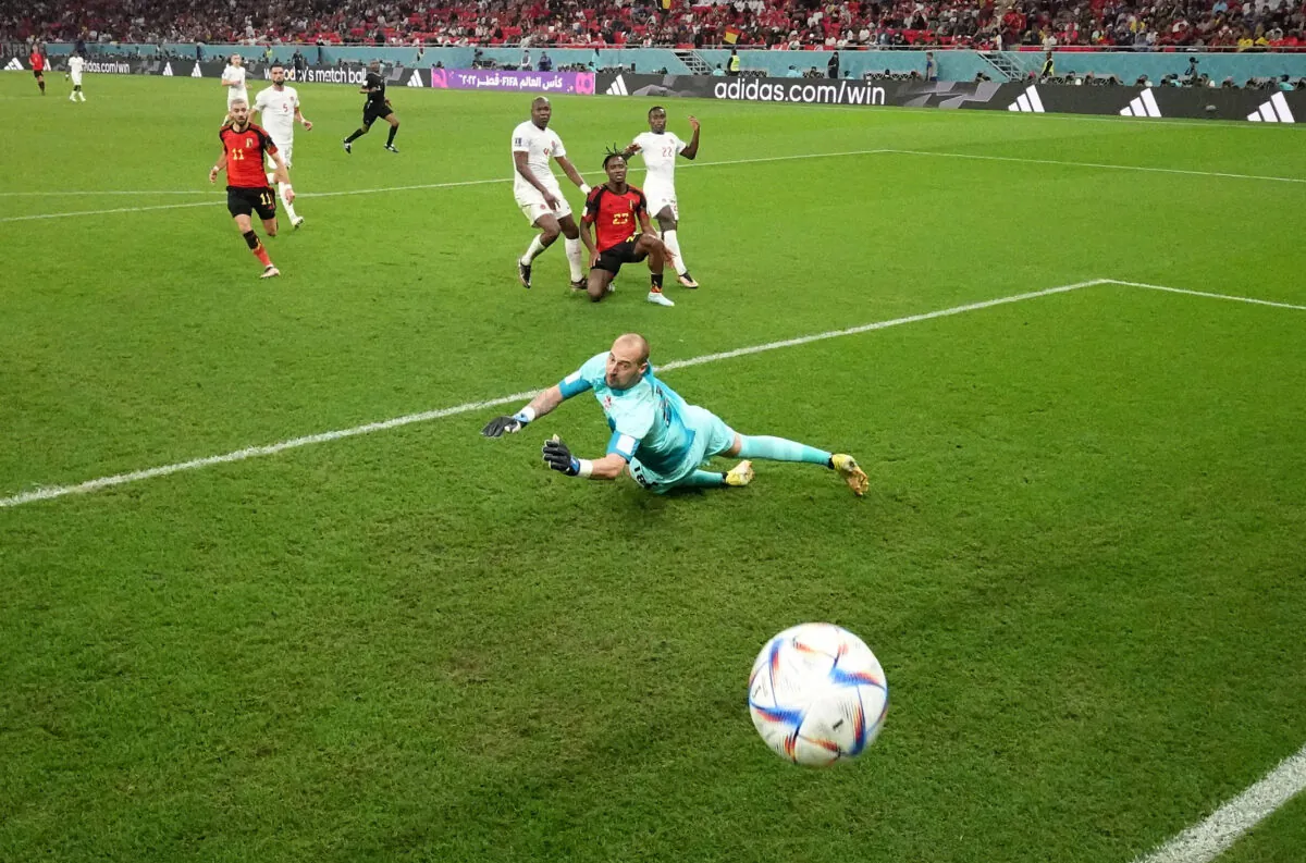 In this photo taken from a remote camera from behind the goal)
Belgium's Michy Batshuayi scores their first goal during the FIFA World Cup Qatar 2022 Group F match between Belgium and Canada at Ahmad Bin Ali Stadium in Doha, Qatar, on Nov. 23, 2022. (Matthew Childs/Pool/Getty Images)