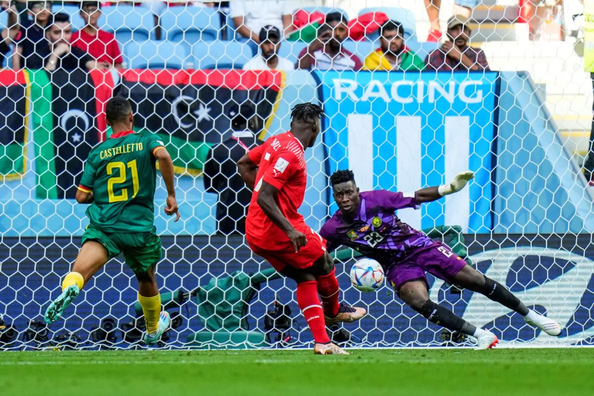 Switzerland's Breel Embolo scores the opening goal during the World Cup group G soccer match between Switzerland and Cameroon, at the Al Janoub Stadium in Al Wakrah, Qatar, on Nov. 24, 2022. (Petr Josek/AP Photo)