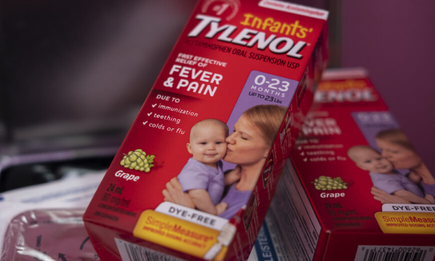 Infants’ Tylenol brand fever and pain reliever is seen in a home in Toronto on Oct. 7, 2022. (Giordano Ciampini/The Canadian Press)