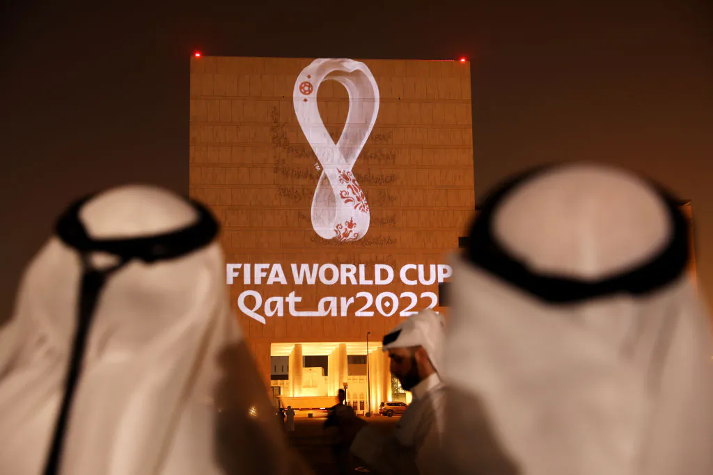 The Official Emblem of the FIFA World Cup Qatar 2022™️ is unveiled in Souq Waqif on the Msheireb, Qatar National Archive Museum building, in Doha, Qatar, on Sept. 3, 2019. (Christopher Pike/Getty Images for Supreme Committee 2022)