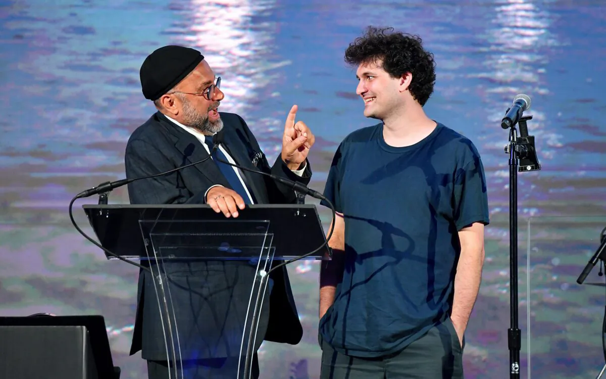 Harry Adjmi and Sam Bankman-Fried are seen onstage during the first annual Moonlight Gala benefitting CARE—Children With Special Needs—hosted by Michael Cayre, Roy Nachum, and MegaMoon Museum at Casa Cipriani in New York City on June 23, 2022. (Craig Barritt/Getty Images for CARE For Special Children)