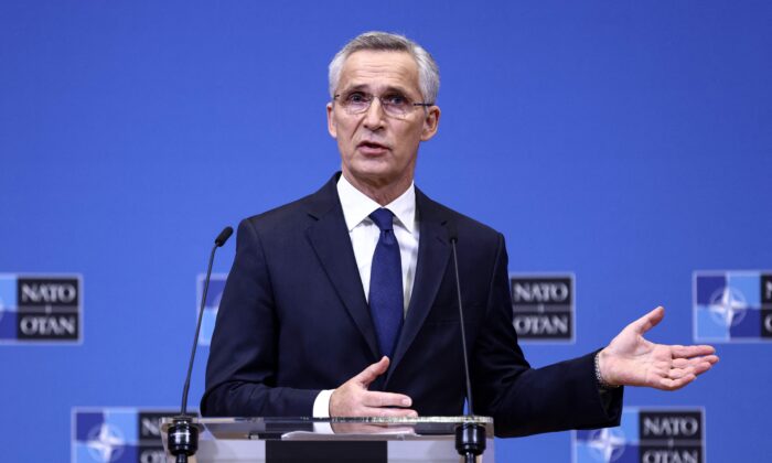NATO Secretary-General Jens Stoltenberg addresses a press conference ahead of a foreign ministers' meeting at the NATO headquarters in Brussels, Belgium, on Nov. 25, 2022. (Kenzo Tribouillard/AFP via Getty Images)