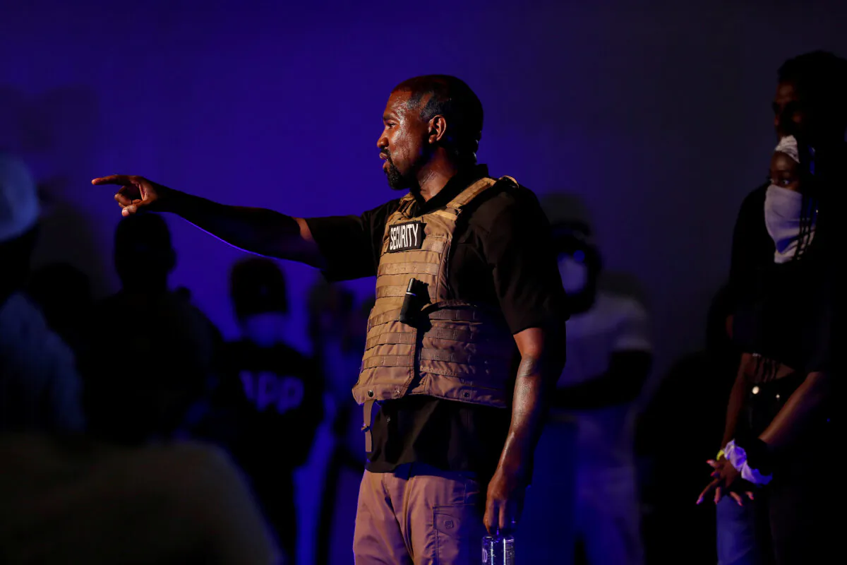 Rapper Kanye West calls for a question from the crowd as he holds his first rally in support of his presidential bid in North Charleston, S.C., on July 19, 2020. (Randall Hill/Reuters)
