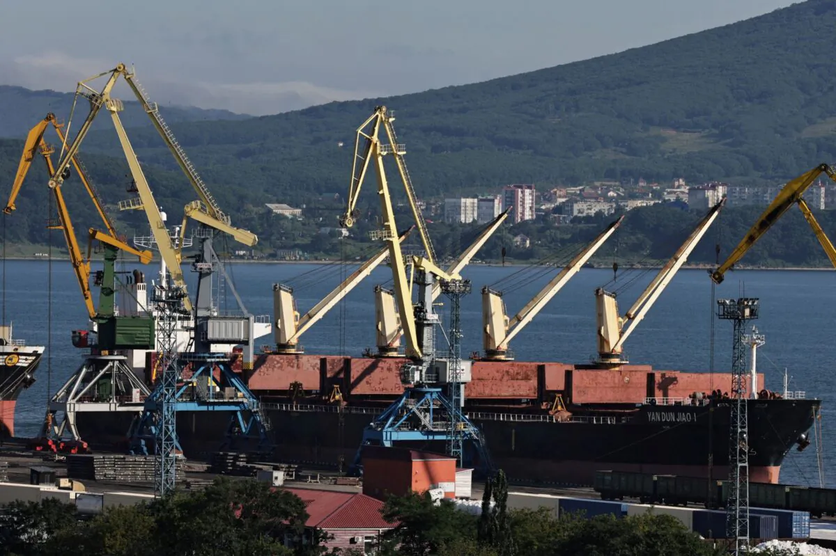 A view shows the Yan Dun Jiao 1 bulk carrier in the Vostochny container port on the shore of Nakhodka Bay near the port city of Nakhodka, Russia, on Aug. 12, 2022. (Tatiana Meel/Reuters)