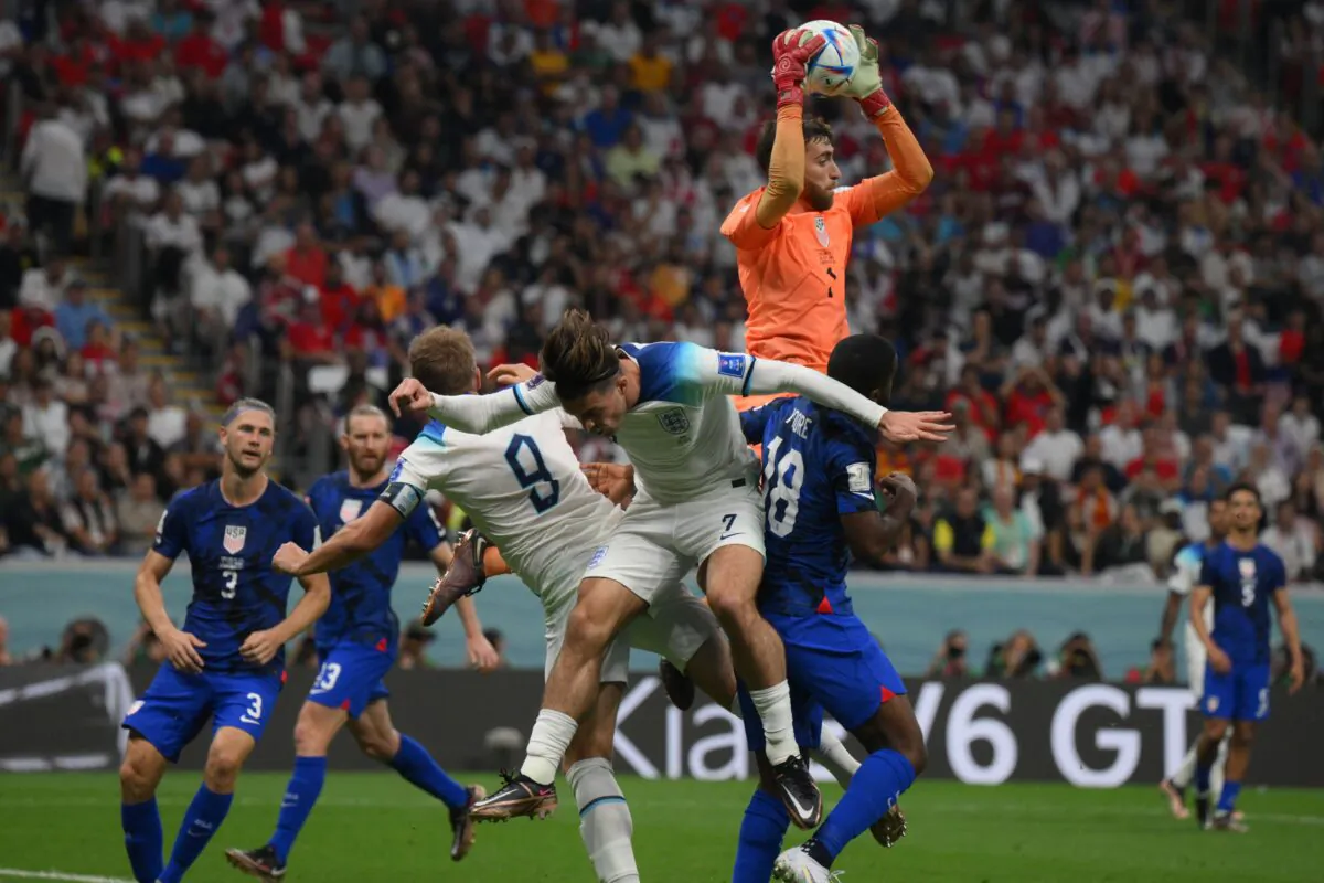 USA goalkeeper (1) Matt Turner grabs a cross during the Qatar 2022 World Cup Group B football match between England and USA at the Al-Bayt Stadium in Al Khor, Qatar, on November 25, 2022. (Paul Ellis/AFP via Getty Images)