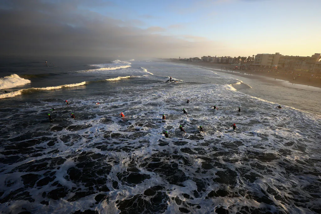 Swimmers seen in the ocean in Imperial Beach, Calif., on September 16, 2018. (Sean M. Haffey/Getty Images for IRONMAN)