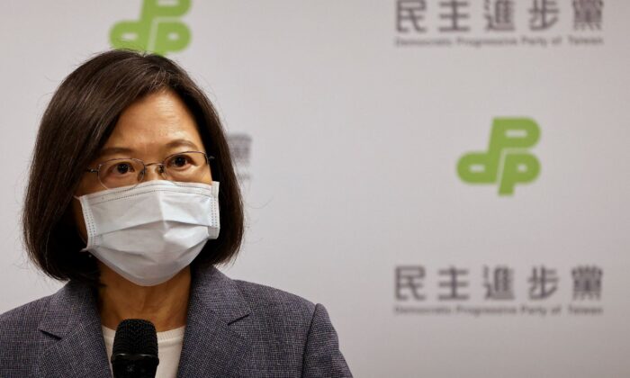 Taiwanese President Tsai Ing-wen announces her resignation as Democratic Progressive Party chair to take responsibility for the party's performance in the local elections in Taipei, Taiwan, on Nov. 26, 2022. (Ann Wang/Reuters)