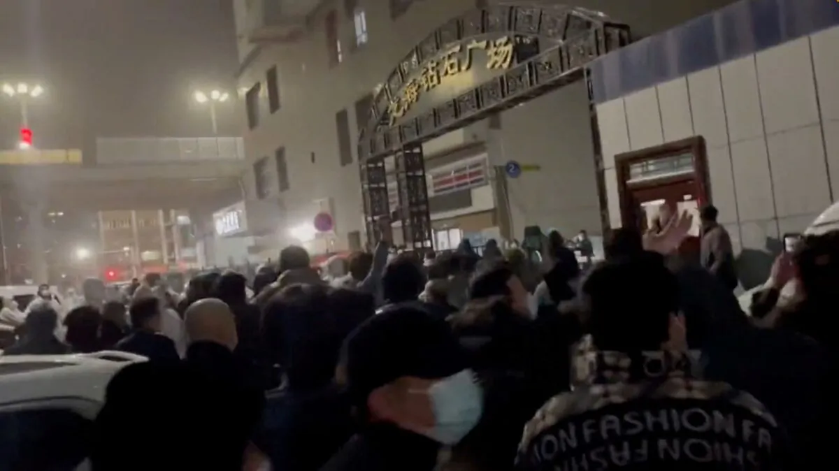 Protests against strict COVID-19 curbs in Urumqi city, Xinjiang, China, in this screen grab obtained from a video released on Nov. 25, 2022. (Video obtained by Reuters/via Reuters)