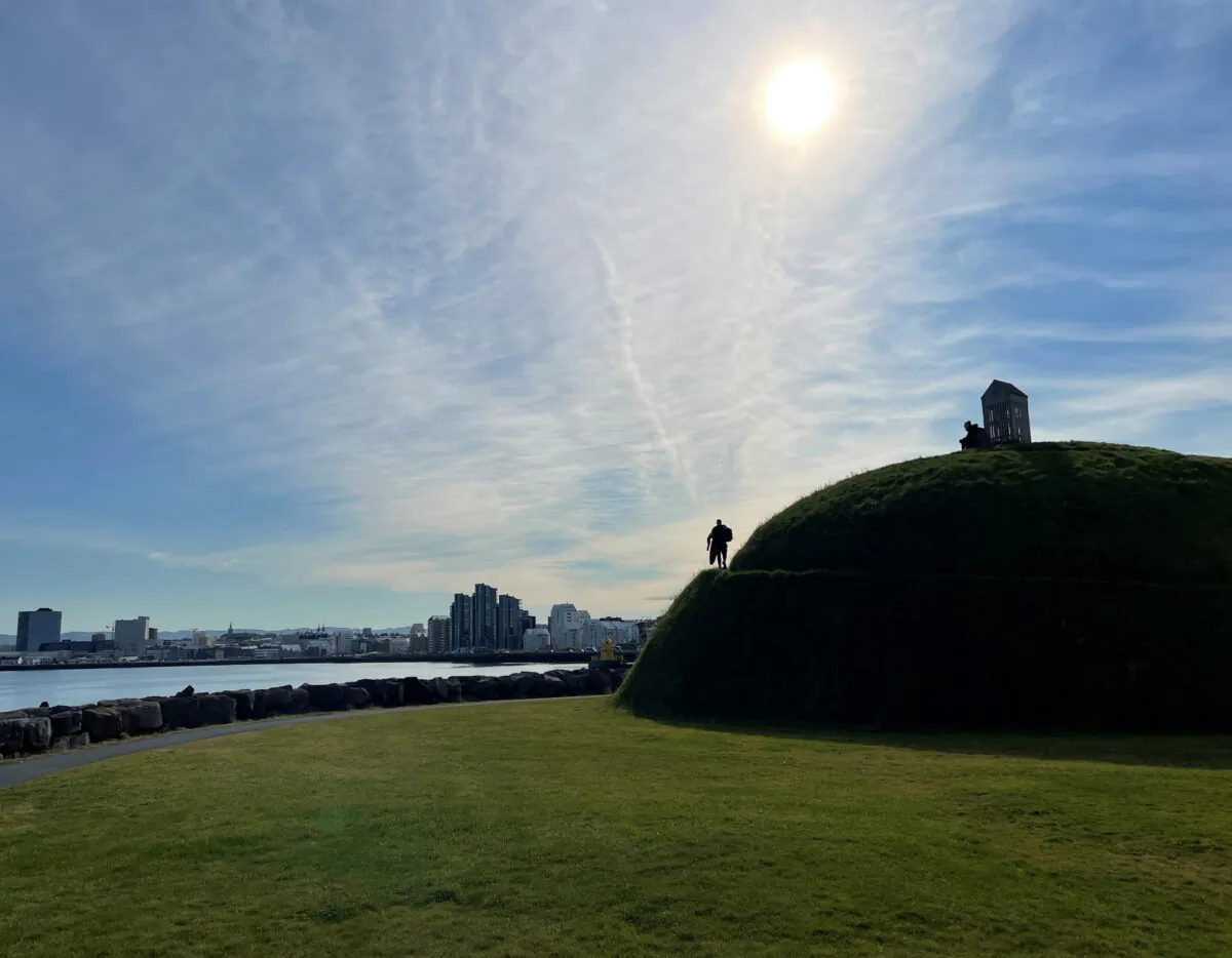 A visitor is silhouetted as he walks up the Thufa to take in Reykjavik’s skyline. (Photo courtesy of Lesley Frederikson)