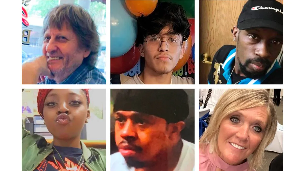 This combination of photos shows (top L–R) Randy Blevins, Fernando Chavez-Barron, Lorenzo Gamble, and (bottom L–R) Tyneka Johnson, Brian Pendleton, and Kellie Pyle, who Chesapeake police identified as six victims of a shooting that occurred at a Walmart store in Chesapeake, Va., on Nov. 22, 2022. (Chesapeake Police Department via AP)