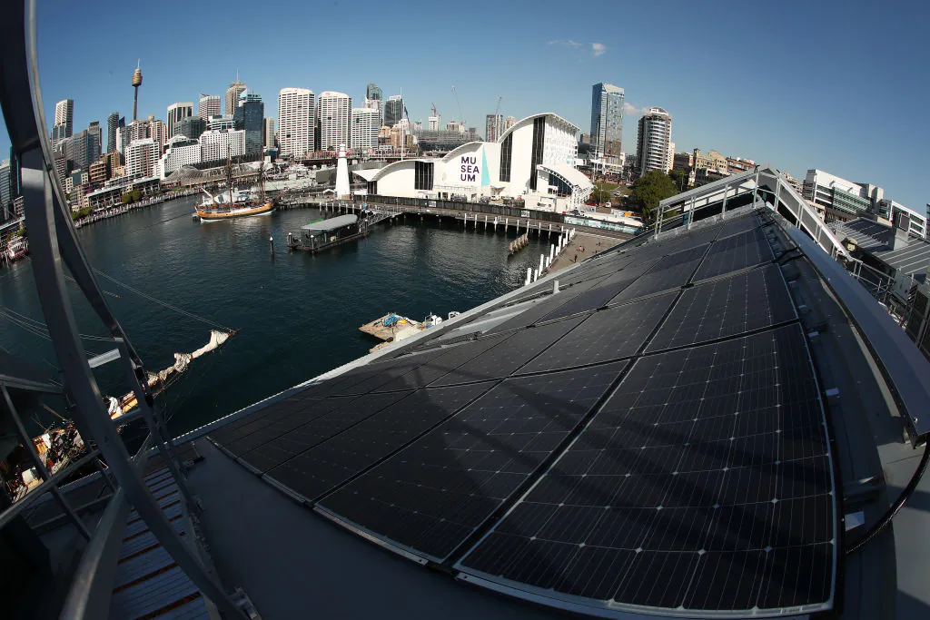 Solar panels are seen on the roof of The Australian National Maritime Museum in Sydney, Australia, on Aug. 14, 2019. (Mark Metcalfe/Getty Images)