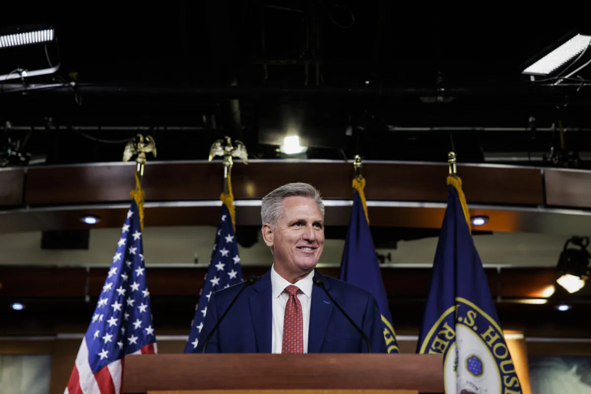 House Minority Leader Kevin McCarthy (R-Calif.) holds his weekly news conference at the U.S. Capitol building in Washington on Oct.28, 2021. (Samuel Corum/Getty Images)