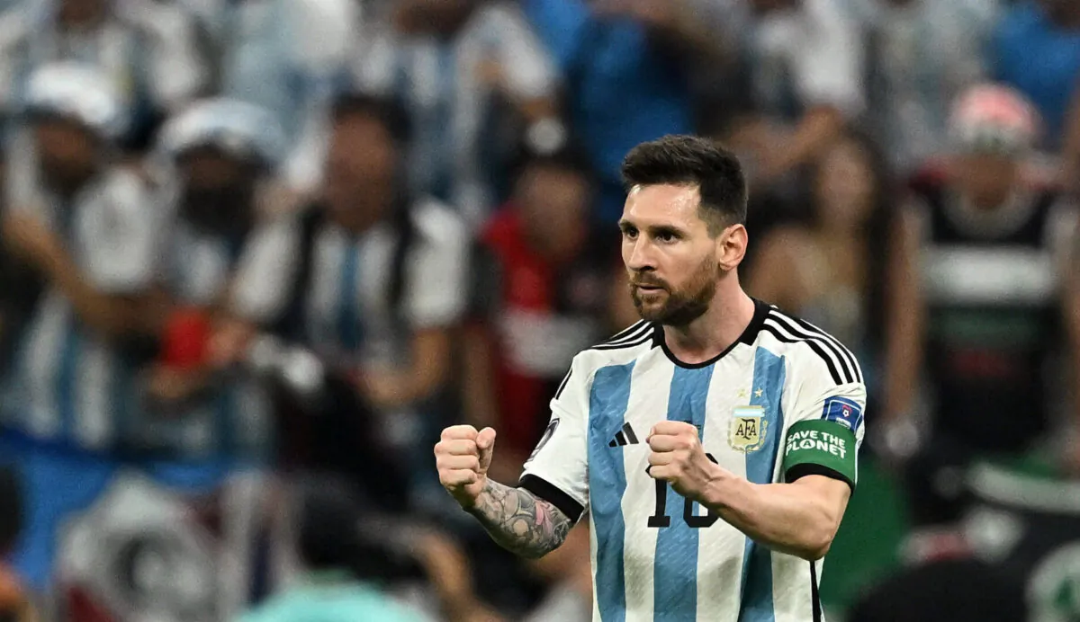 Argentina's Lionel Messi celebrates scoring their first goal during the match of Argentina v Mexico, FIFA World Cup Qatar 2022, in Lusail Stadium, Lusail, Qatar, on Nov. 26, 2022. (Dylan Martinez/Reuters)