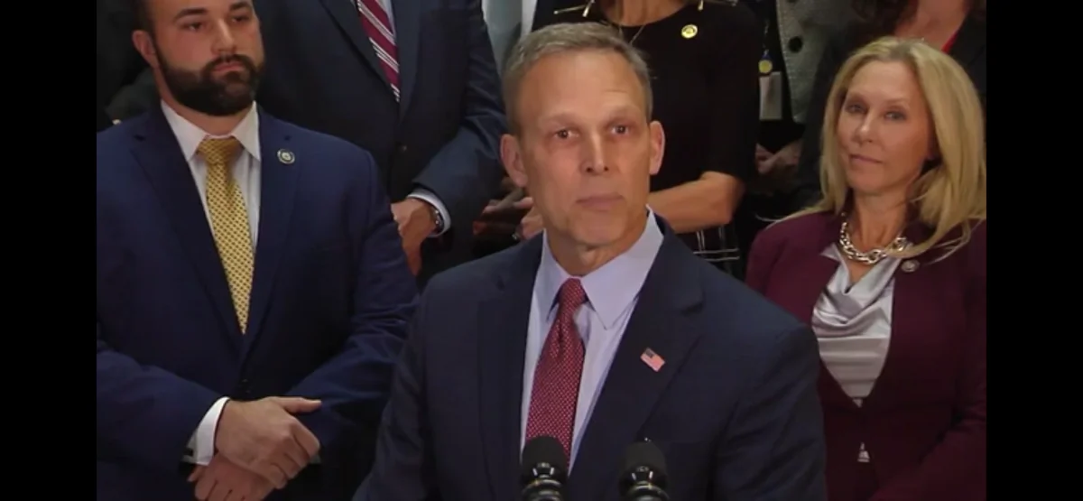 U.S. Rep. Scott Perry, Chair of the House Congressional Freedom Caucus, speaks in Harrisburg, Pa. on Nov. 28, 2022. Back row, Freedom Caucus Vice-Chair State Rep. David Rowe (Left), and Chair Rep. Dawn Keefer. (Screen shot from press conference/The Epoch Times) 