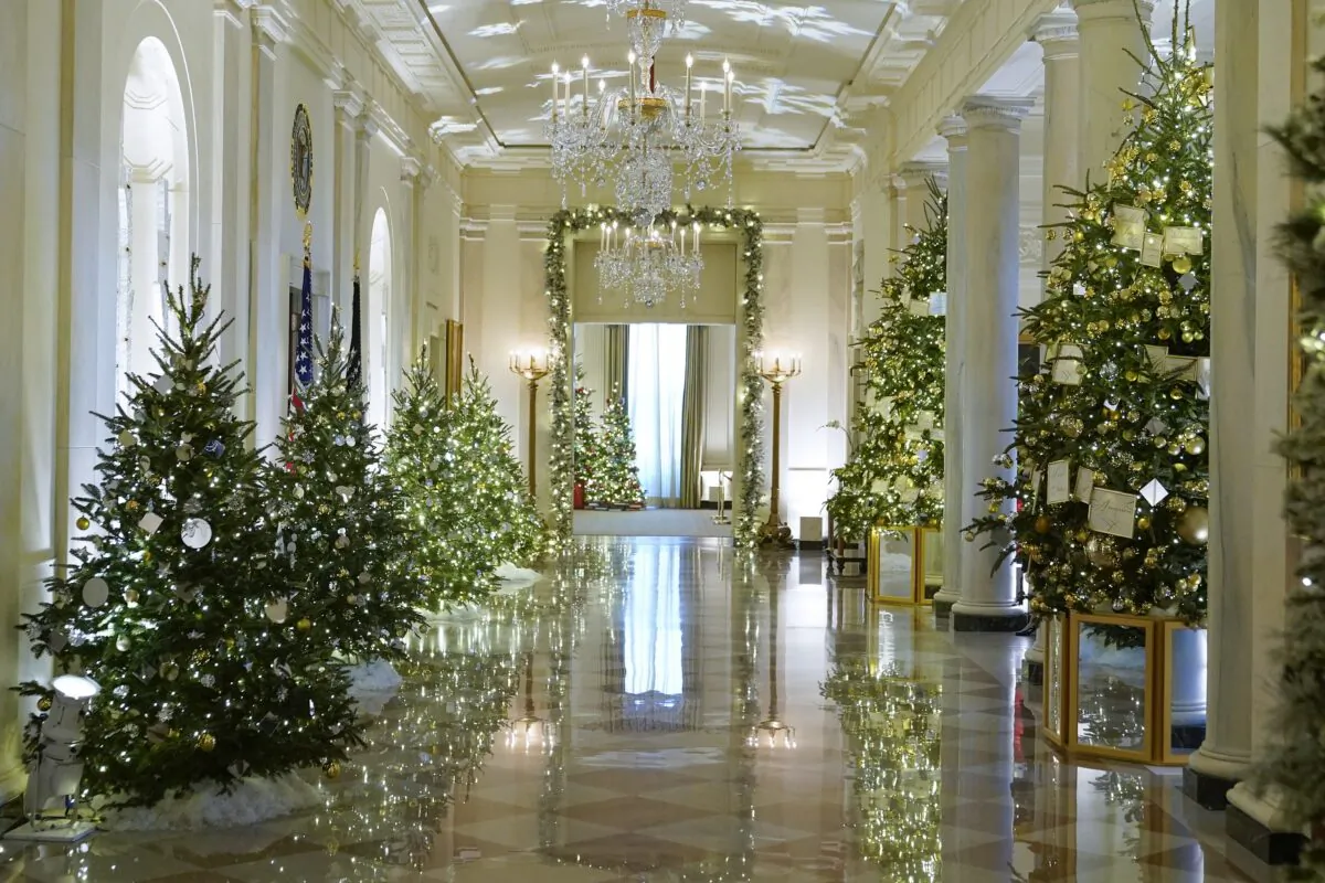 Cross Hall of the White House is decorated for the holiday season during a press preview of holiday decorations at the White House on Nov. 28, 2022. (Patrick Semansky/AP Photo)