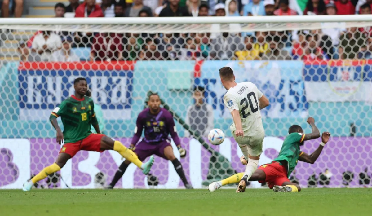 Serbia's Sergej Milinkovic-Savic scores their second goal (Carl Recine during the FIFA World Cup Qatar 2022 Group G match between Cameroon and Serbia at Al Janoub Stadium, Al Wakrah, Qatar, on Nov. 28, 2022. (Carl Recine/Reuters)