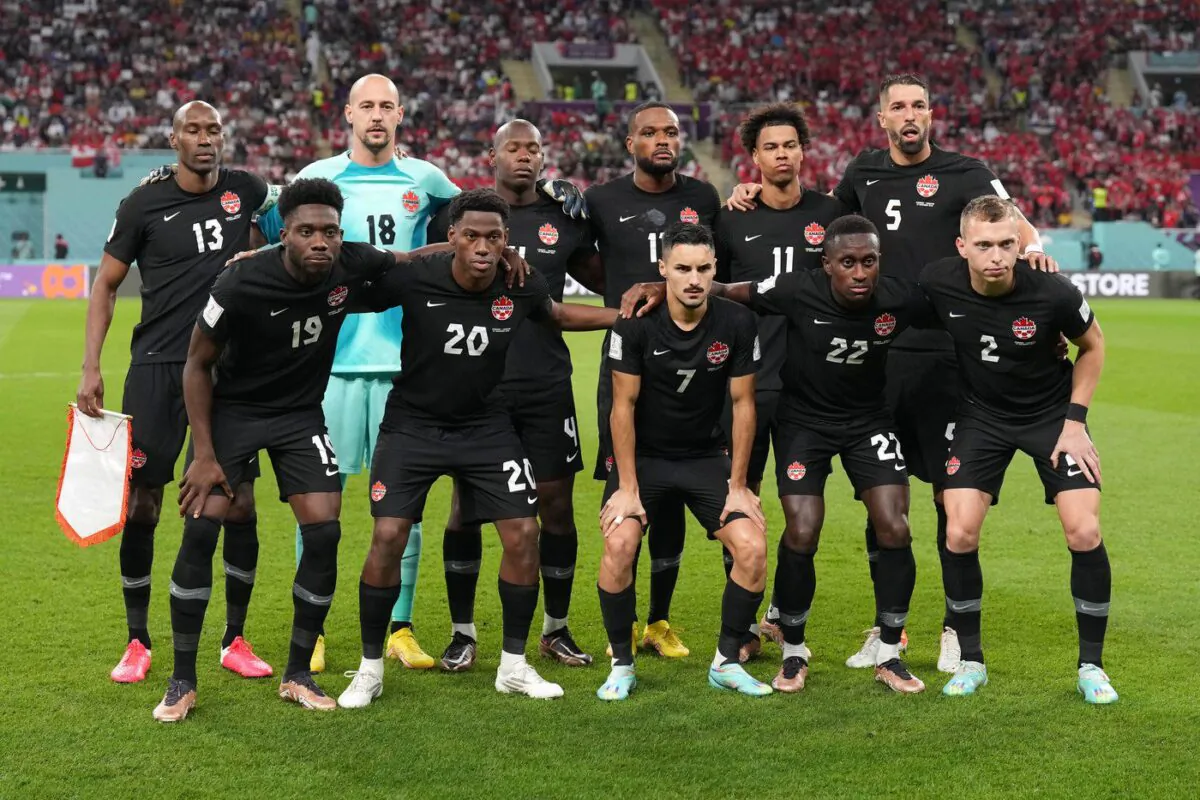 Canada players pose ahead of first half group F World Cup soccer action against Croatia at the Khalifa International Stadium in Al Rayyan, Qatar on Nov. 27, 2022. (The Canadian Press/Nathan Denette)
