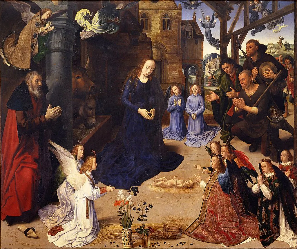 The central panel of the Portinari Triptych tells the Nativity story with some time travel. Detail of Portinari Triptych, circa 1475, by Hugo van der Goes. 19.1 feet by 9.9 feet. Uffizi Gallery. (Public Domain)