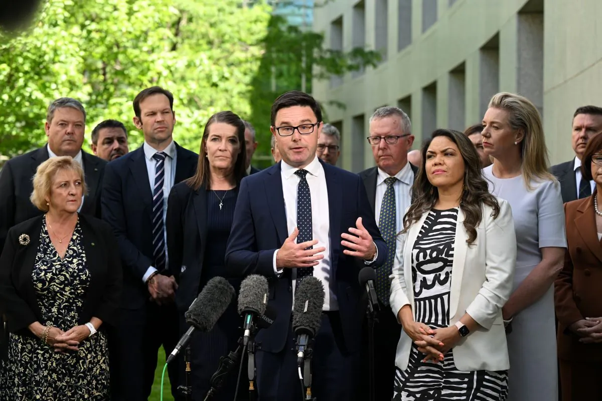 Nationals leader David Littleproud with Nationals members and senators at a press conference at Parliament House in Canberra, Monday, November 28, 2022. (AAP Image/Mick Tsikas)