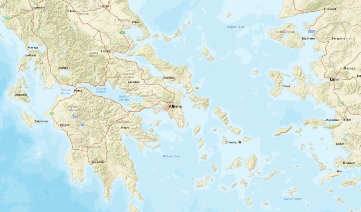 A map shows the location of an earthquake that struck the Greek island of Evia on Nov. 29, 2022. (USGS/Screenshot via The Epoch Times)