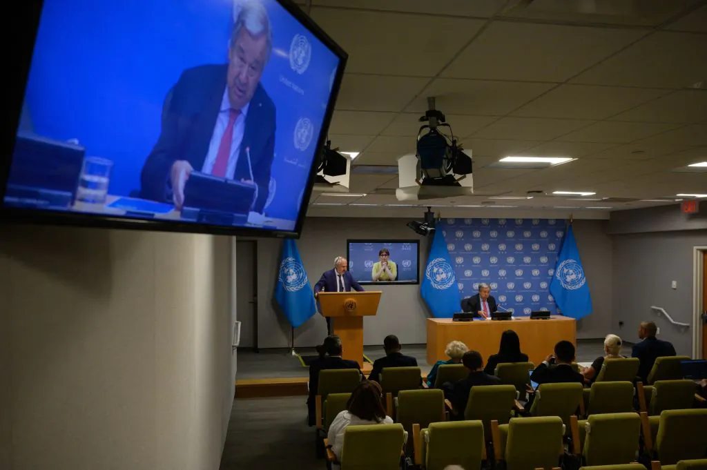 UN Secretary General Antonio Guterres (R) attends a press conference with Rebeca Grynspan (C), Secretary-General of the UN Conference on Trade and Development at the United Nations headquarters in New York City, on Aug. 3, 2022. (Photo by Ed Jones/AFP via Getty Images)