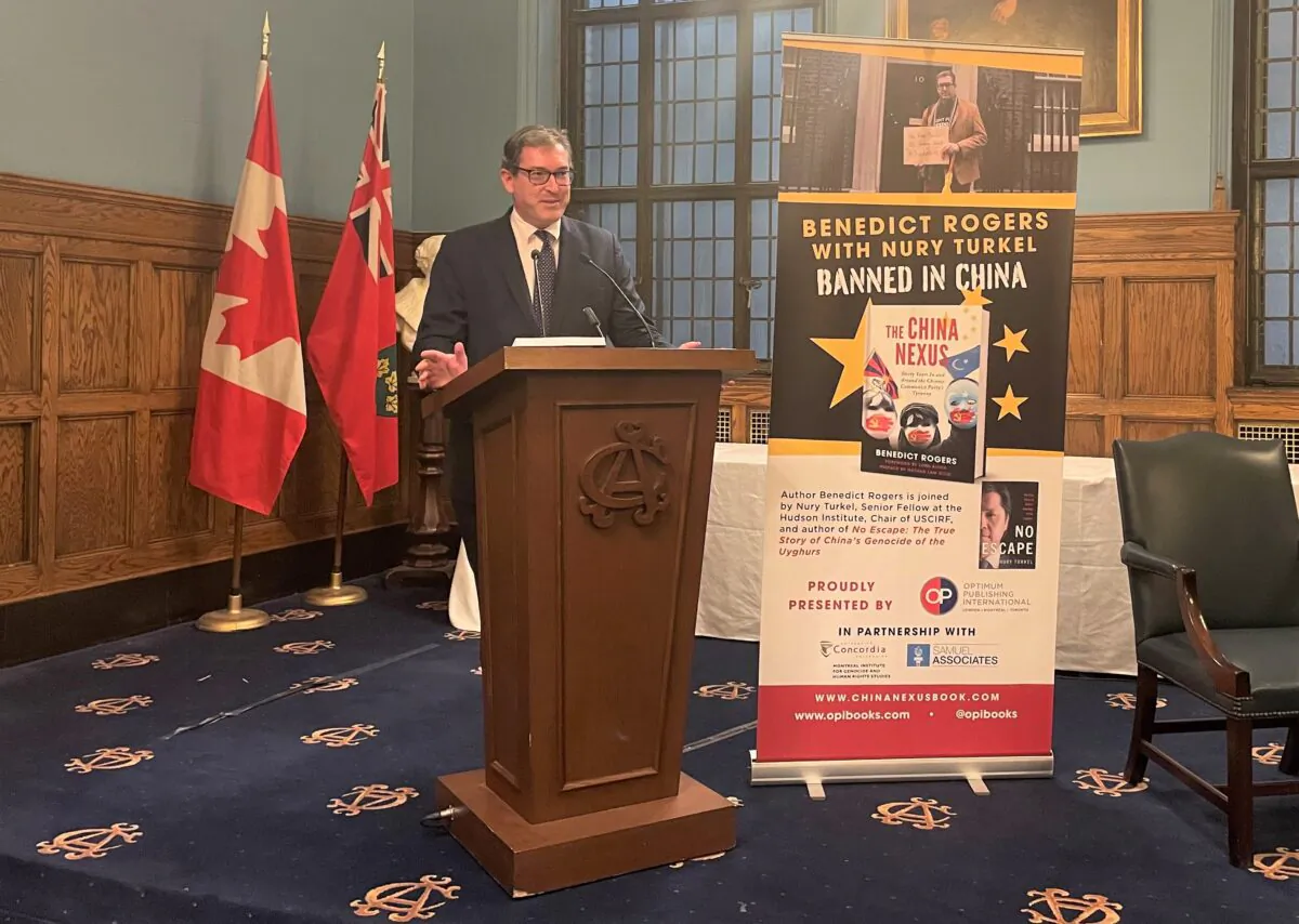 Benedict Rogers speaks at a book launch event for his new book “China Nexus” in Toronto on Nov. 25, 2022. (Omid Ghoreishi/The Epoch Times)