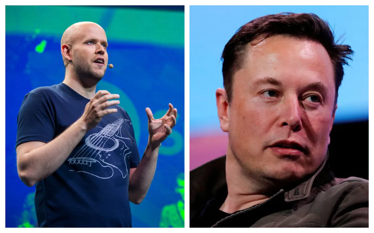 Daniel Ek, CEO and founder of Spotify, and SpaceX owner and Tesla CEO Elon Musk in file photos. (Andrew Burton/Getty Images; Mike Blake/Reuters)