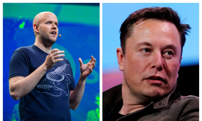 Daniel Ek, CEO and founder of Spotify, and SpaceX owner and Tesla CEO Elon Musk in file photos. (Andrew Burton/Getty Images; Mike Blake/Reuters)