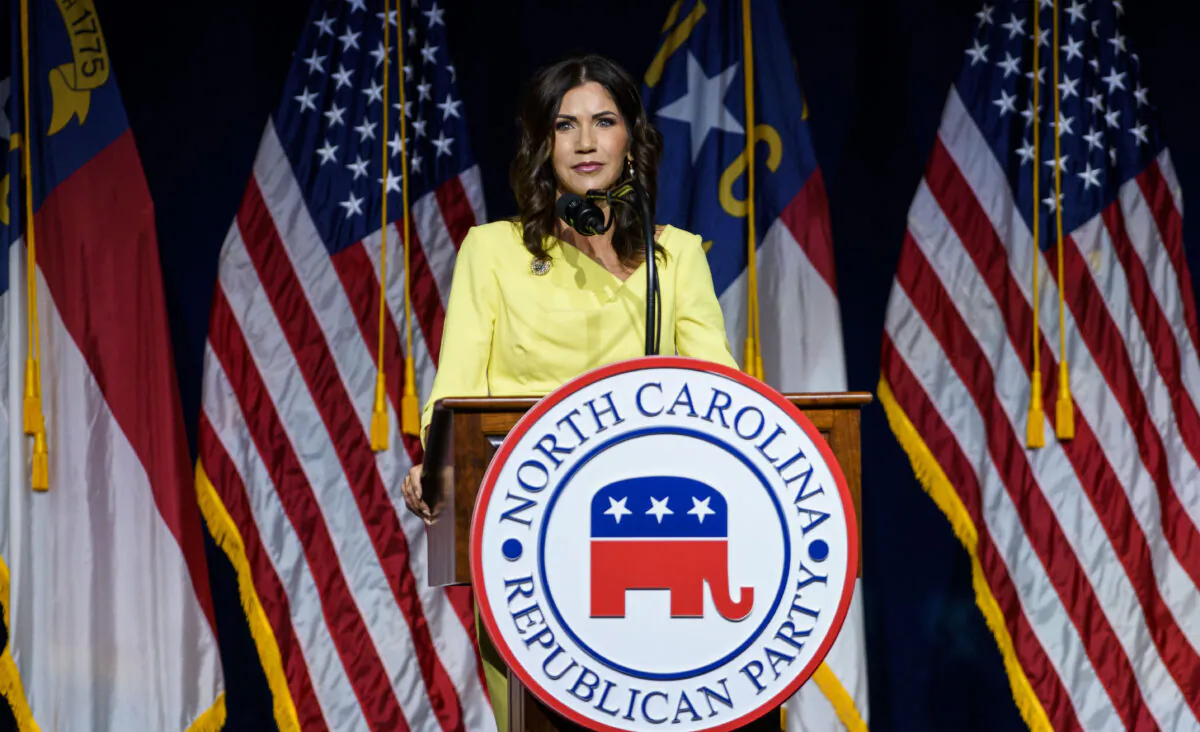 South Dakota Gov. Kristi Noem speaks at the North Carolina GOP convention in Greenville on June 5, 2021. (Melissa Sue Gerrits/Getty Images)