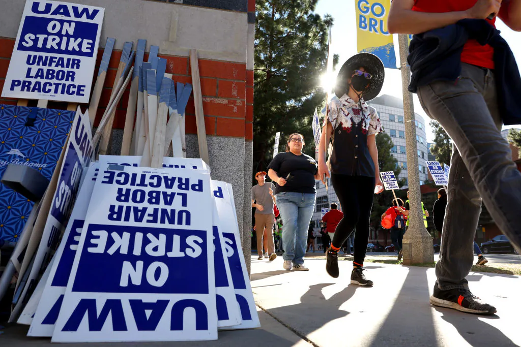 Union academic workers and supporters march and picket at the UCLA campus amid a statewide strike by nearly 48,000 University of California unionized workers in Los Angeles on November 15, 2022. (Mario Tama/Getty Images)