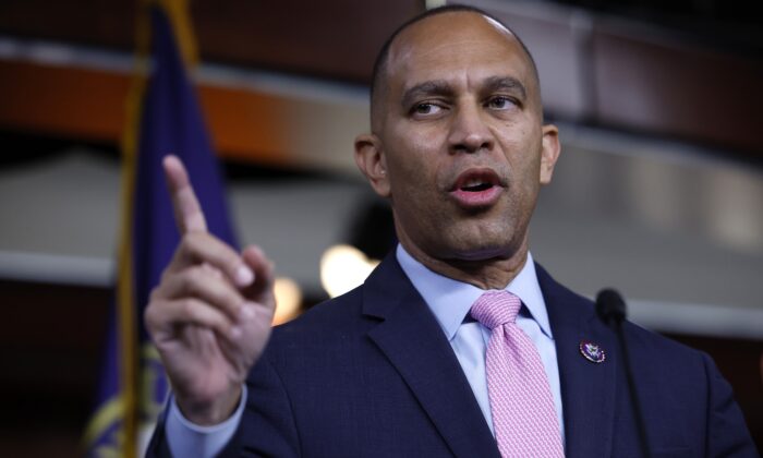 Rep. Hakeem Jeffries (D-N.Y.) holds a news conference after he was elected leader of the 118th Congress by the House Democratic caucus at the U.S. Capitol Visitors Center in Washington on Nov. 30, 2022. (Chip Somodevilla/Getty Images)