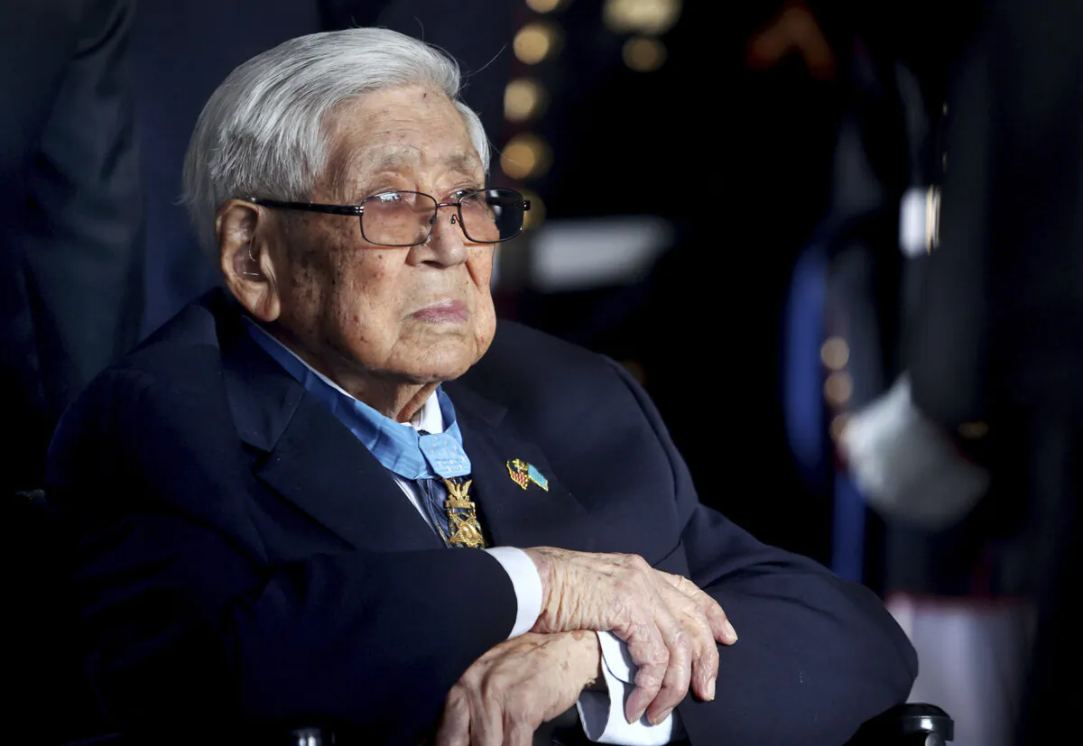 Medal of Honor recipient Hiroshi Miyamura, a corporal in the U.S. Army during the Korean War, attends the groundbreaking ceremony for the National Medal of Honor Museum in Arlington, Texas, on March 25, 2022. (Amanda McCoy/Star-Telegram via AP)