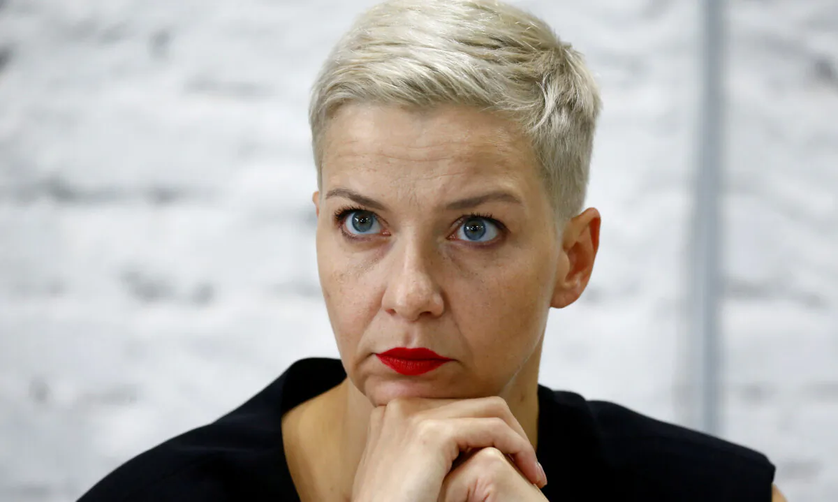 Politician and representative of the Coordination Council for members of the Belarusian opposition Maria Kolesnikova attends a news conference in Minsk, Belarus, on Aug. 24, 2020. (Vasily Fedosenko/Reuters)