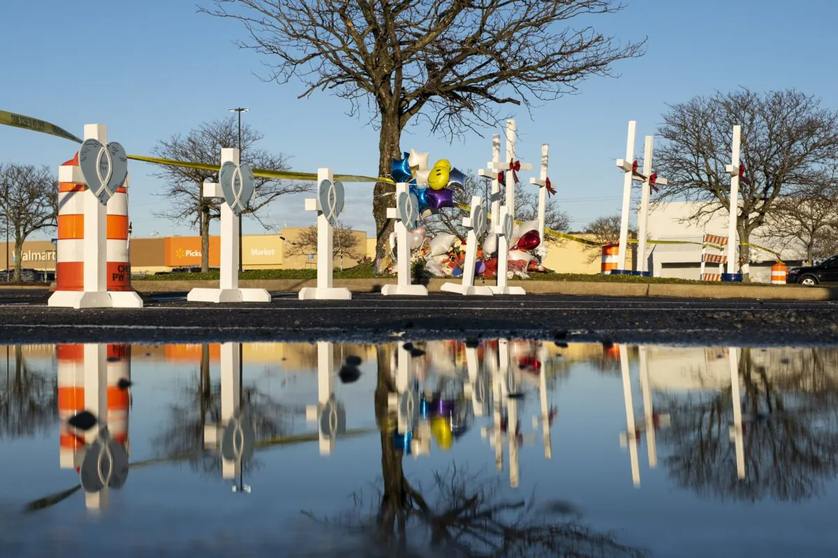 Crosses were set up at a memorial on Nov. 25, 2022 for the six killed in a Chesapeake Walmart mass shooting on Nov. 22. (TNS)