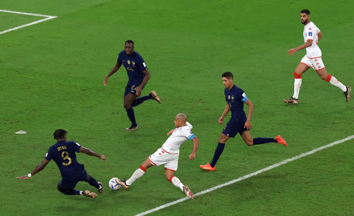 Wahbi Khazri of Tunisia scores their team's first goal during the FIFA World Cup Qatar 2022 Group D match between Tunisia and France at Education City Stadium in Al Rayyan, Qatar, on Nov. 30, 2022. (Buda Mendes/Getty Images)