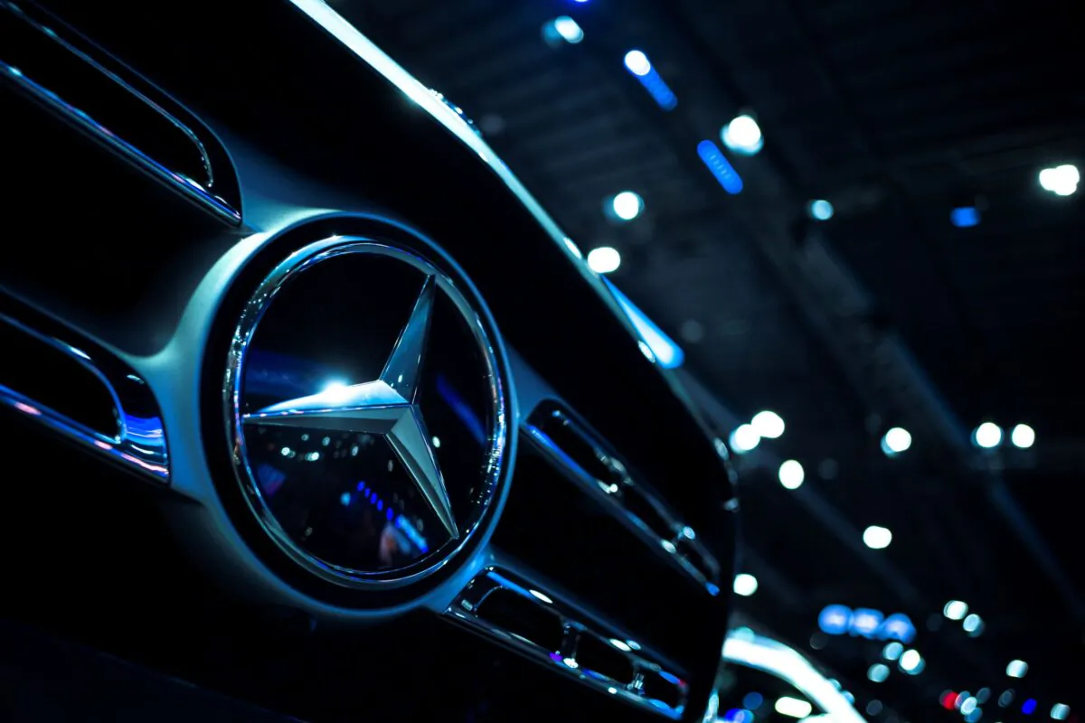 The Mercedes-Benz logo at the 43rd Bangkok International Motor Show in Bangkok, Thailand, on March 22, 2022. (Athit Perawongmetha/Reuters)